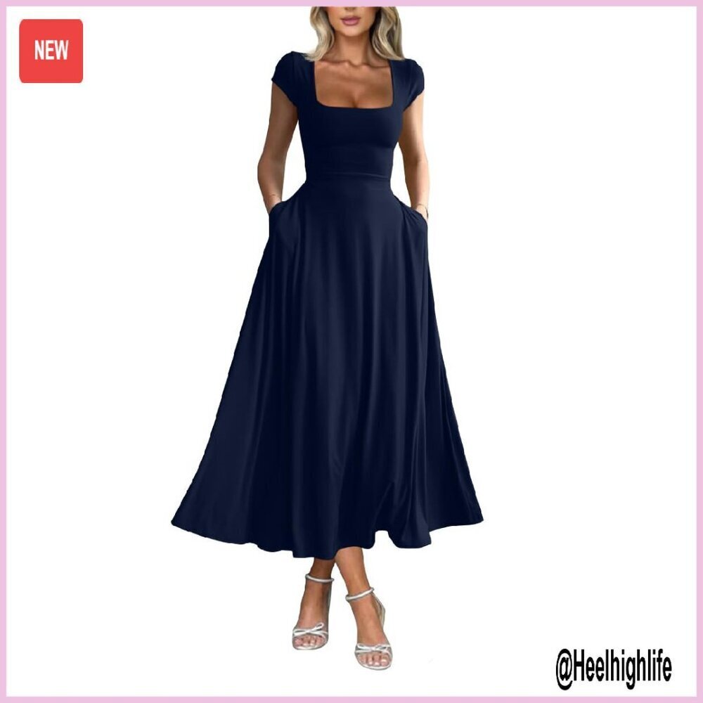 Women's Maxi Dress with Pockets, Square Neck, Short Sleeve, Flowy Fit